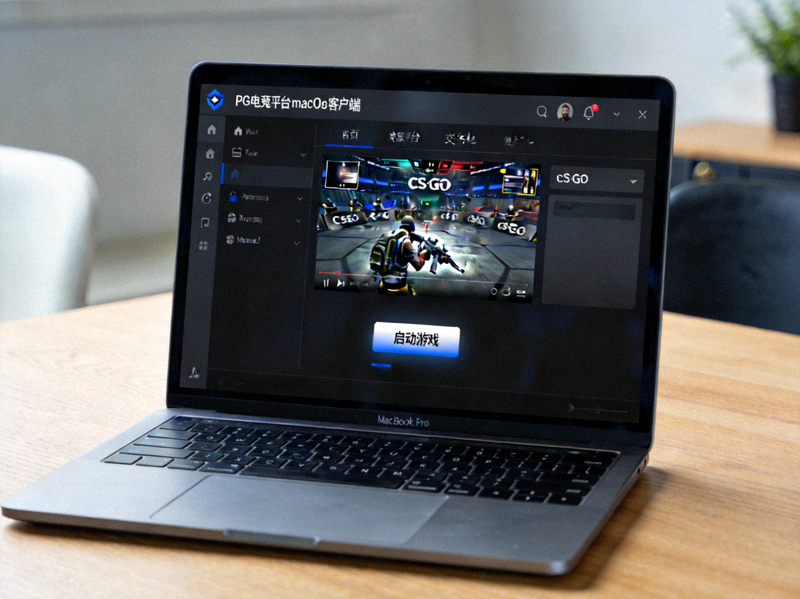 PG电竞平台macOS客户端在MacBook Pro笔记本电脑上的展示界面，显示简洁的深色主题设计，正在播放CS:GO赛事直播，下方有游戏启动按钮